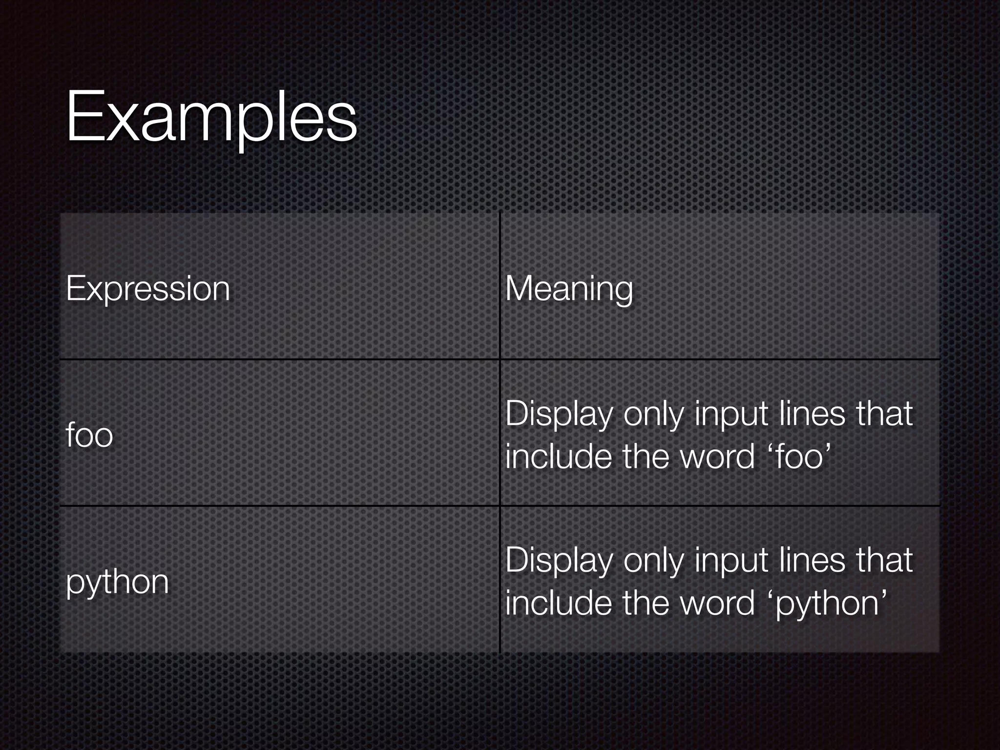 Examples
Expression Meaning
foo
Display only input lines that
include the word ‘foo’
python
Display only input lines that
include the word ‘python’
 