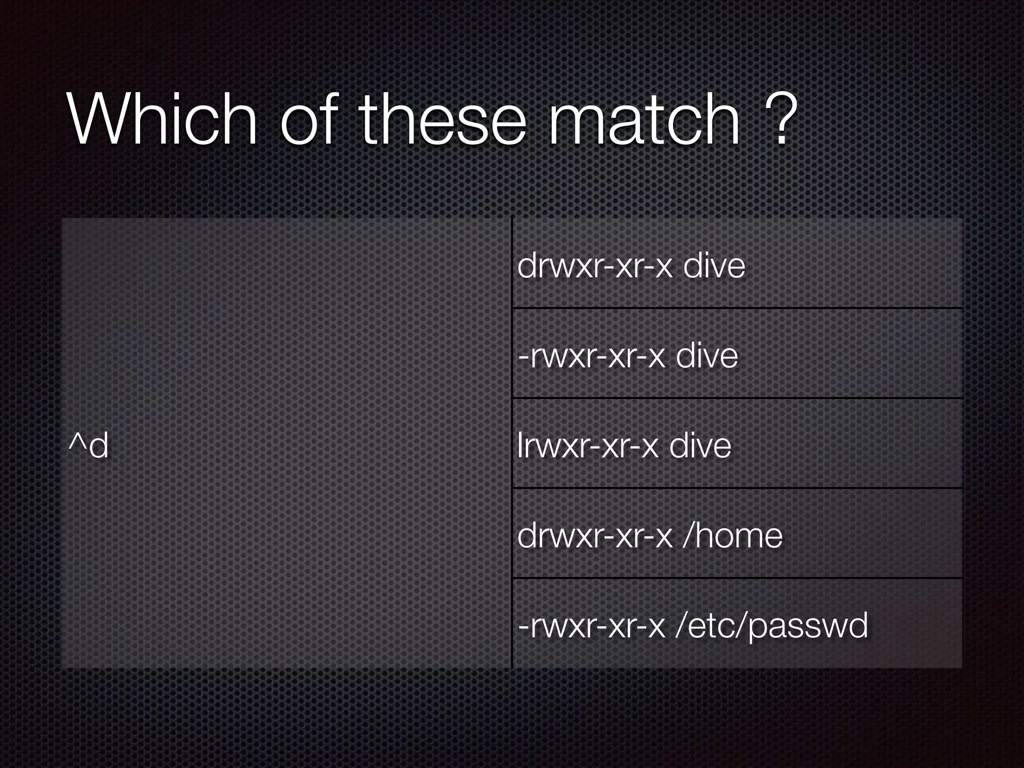 Which of these match ?
^d
drwxr-xr-x dive
-rwxr-xr-x dive
lrwxr-xr-x dive
drwxr-xr-x /home
-rwxr-xr-x /etc/passwd
 