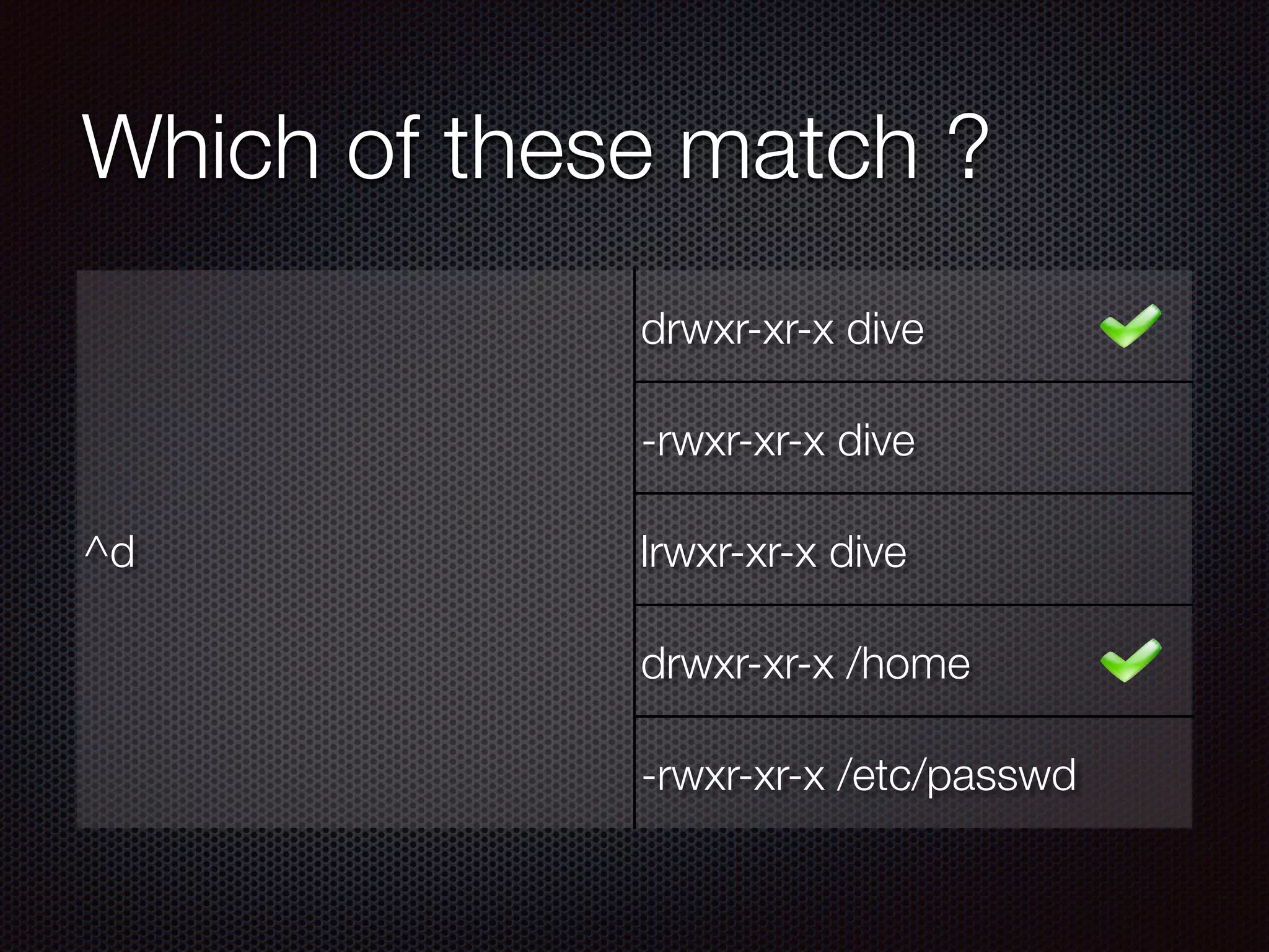 Which of these match ?
^d
drwxr-xr-x dive
-rwxr-xr-x dive
lrwxr-xr-x dive
drwxr-xr-x /home
-rwxr-xr-x /etc/passwd
 