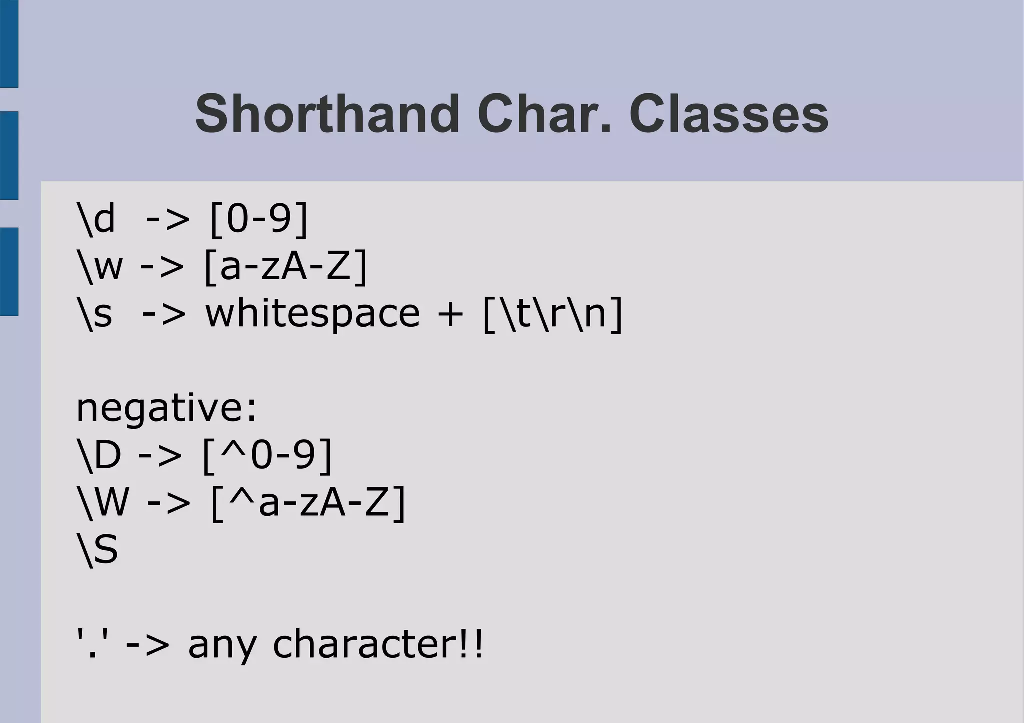 Shorthand Char. Classes
d -> [0-9]
w -> [a-zA-Z]
s -> whitespace + [trn]

negative:
D -> [^0-9]
W -> [^a-zA-Z]
S

'.' -> any character!!
 