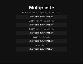 Multiplicité
0 ou 1 /at?/- /at{0,1}/- /at{,1}/
A cat eats a black fat rat
0 à inf. /at*/- /at{0,}/
A cat eats a black fat rat
1 à inf. /at+/- /at{1,}/
A cat eats a black fat rat
n à m /at{n,m}/
A cat eats a black fat rat
n /at{n}/
A cat eats a black fat rat
 