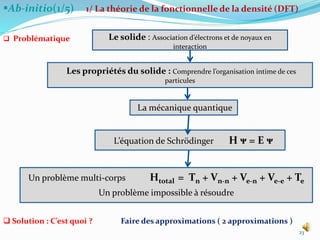 Ab-initio(1/5)
 Problématique
 Solution : C’est quoi ? Faire des approximations ( 2 approximations )
Les propriétés du solide : Comprendre l’organisation intime de ces
particules
La mécanique quantique
L’équation de Schrödinger H ᴪ = E ᴪ
Le solide : Association d’électrons et de noyaux en
interaction
Un problème multi-corps Htotal = Tn + Vn-n + Ve-n + Ve-e + Te
Un problème impossible à résoudre
23
1/ La théorie de la fonctionnelle de la densité (DFT)
 