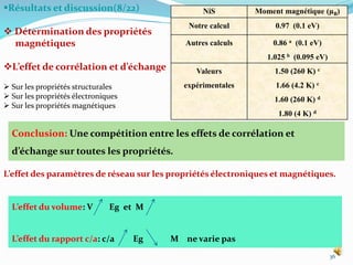Résultats et discussion(8/22)
 Détermination des propriétés
magnétiques
L’effet de corrélation et d’échange
 Sur les propriétés structurales
 Sur les propriétés électroniques
 Sur les propriétés magnétiques
36
Conclusion: Une compétition entre les effets de corrélation et
d’échange sur toutes les propriétés.
L’effet du volume: V Eg et M
L’effet du rapport c/a: c/a Eg M ne varie pas
L’effet des paramètres de réseau sur les propriétés électroniques et magnétiques.
NiS Moment magnétique (µB)
Notre calcul 0.97 (0.1 eV)
Autres calculs 0.86 a (0.1 eV)
1.025 b (0.095 eV)
Valeurs
expérimentales
1.50 (260 K) c
1.66 (4.2 K) c
1.60 (260 K) d
1.80 (4 K) d
 