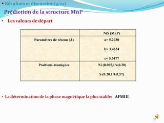  Résultats et discussion(9/22)
Prédiction de la structure MnP
• Les valeurs de départ
37
• La détermination de la phase magnétique la plus stable: AFMIII
NiS (MnP)
Paramètres de réseau (Å) a= 5.2030
b= 3.4624
c= 5.5477
Positions atomiques Ni (0.005,1/4,0.20)
S (0.20.1/4,0.57)
 