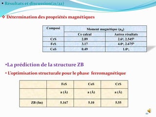  Résultats et discussion(21/22)
 Détermination des propriétés magnétiques
49
•La prédiction de la structure ZB
• L’optimisation structurale pour le phase ferromagnétique
Composé Moment magnétique (µB)
Ce calcul Autres résultats
CrS 2.89 2.6a, 2.545b
FeS 3.17 4.0a, 2.675b
CoS 0.49 1.0a,
FeS CoS CrS
a (Å) a (Å) a (Å)
ZB (fm) 5.167 5.10 5.55
 