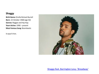 ShaggyBirth Name:	Orville Richard Burrell	Born:	22 October 1968 (age 42)Genres: Reggae and Hip HopYears Active: 1990 – presentMost Famous Song: BoombasticIt wasn’t him.Shaggy feat. Barrington Levy- 'Broadway'