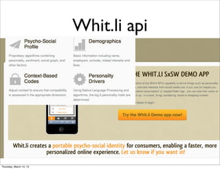 Whit.li api




Thursday, March 14, 13
 