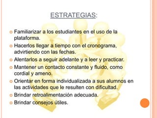 ESTRATEGIAS:
Familiarizar a los estudiantes en el uso de la
plataforma.
 Hacerlos llegar a tiempo con el cronograma,
advirtiendo con las fechas.
 Alentarlos a seguir adelante y a leer y practicar.
 Mantener un contacto constante y fluido, como
cordial y ameno.
 Orientar en forma individualizada a sus alumnos en
las actividades que le resulten con dificultad.
 Brindar retroalimentación adecuada.
 Brindar consejos útiles.


 