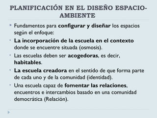 PLANIFICACIÓN EN EL DISEÑO ESPACIO-
AMBIENTE
 Fundamentos para configurar y diseñar los espacios
según el enfoque:
• La incorporación de la escuela en el contexto
donde se encuentre situada (osmosis).
• Las escuelas deben ser acogedoras, es decir,
habitables.
• La escuela creadora en el sentido de que forma parte
de cada uno y de la comunidad (identidad).
• Una escuela capaz de fomentar las relaciones,
encuentros e intercambios basado en una comunidad
democrática (Relación).
 
