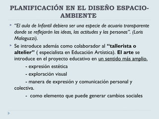 PLANIFICACIÓN EN EL DISEÑO ESPACIO-
AMBIENTE
 “El aula de Infantil debiera ser una especie de acuario transparente
donde se reflejarán las ideas, las actitudes y las personas”. (Loris
Malaguzzi).
 Se introduce además como colaborador al “tallerista o
altelier” ( especialista en Educación Artística). El arte se
introduce en el proyecto educativo en un sentido más amplio.
- expresión estética
- exploración visual
- manera de expresión y comunicación personal y
colectiva.
- como elemento que puede generar cambios sociales
 