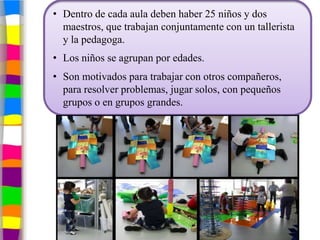 • Dentro de cada aula deben haber 25 niños y dos
  maestros, que trabajan conjuntamente con un tallerista
  y la pedagoga.
• Los niños se agrupan por edades.
• Son motivados para trabajar con otros compañeros,
  para resolver problemas, jugar solos, con pequeños
  grupos o en grupos grandes.
 