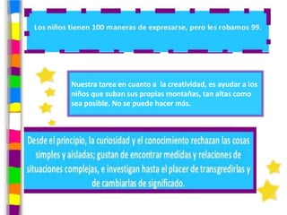 Nuestra tarea en cuanto a la creatividad, es ayudar a los
niños que suban sus propias montañas, tan altas como
sea posible. No se puede hacer más.
 