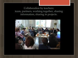 Collaboration by teachers: team, partners, working together, sharing information, sharing in projects.