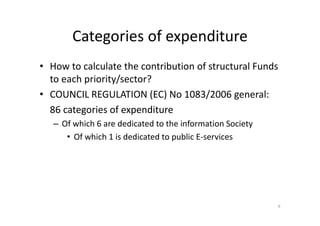 Categories of expenditure
• How to calculate the contribution of structural Funds 
  to each priority/sector?
• COUNCIL RE...
