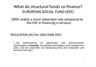 What do structural funds co‐finance? 
          EUROPEAN SOCIAL FUND (ESF)
          EUROPEAN SOCIAL FUND (ESF)
ERDF exibi...