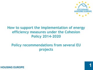 HOUSING EUROPE
1
How to support the implementation of energy
efficiency measures under the Cohesion
Policy 2014-2020
Policy recommendations from several EU
projects
 