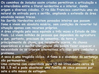Os caminhos de  boiadas  assim criados permitiram a articulação e o intercâmbio entre o litoral nordestino e o interior, dando origem a diversas cidades. O rio São Francisco constituiu uma via natural de entrada para o sertão, ampliando a extensão da área envolvida nessas trocas. No Sertão Nordestino existem povoados inteiros que passam fome e vivem em absoluta miséria, sem condições de reverter tal situação apenas com recursos próprios. A área atingida pela seca equivale a três vezes o Estado de São Paulo. Lá vivem milhões de pessoas que dependem da agricultura e que, portanto, precisam de sementes, da terra e principalmente da chuva, que raramente ocorre. As chuvas esporádicas e o auxílio emergencial não podem fazer esquecer a necessidade de se criarem alternativas eficazes para combater o problema. A seca é uma tragédia cíclica. A fome e o abandono do sertanejo são permanentes. Uma cisterna com capacidade para 15 mil litros custa cerca de R$ 1,5 mil e pode abastecer uma família de cinco pessoas por sete a oito meses de estiagem. 