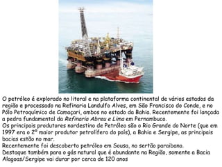 O petróleo é explorado no litoral e na plataforma continental de vários estados da região e processado na Refinaria Landulfo Alves, em São Francisco do Conde, e no Pólo Petroquímico de Camaçari, ambos no estado da Bahia. Recentemente foi lançada a pedra fundamental da  Refinaria Abreu e Lima  em Pernambuco. Os principais produtores nordestino de Petróleo são o Rio Grande do Norte (que em 1997 era o 2º maior produtor petrolífero do país), a Bahia e Sergipe, as principais bacias estão no mar. Recentemente foi descoberto petróleo em Sousa, no sertão paraibano. Destaque também para o gás natural que é abundante na Região, somente a Bacia Alagoas/Sergipe vai durar por cerca de 120 anos 