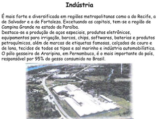 Indústria É mais forte e diversificada em regiões metropolitanas como a do Recife, a de Salvador e a de Fortaleza. Excetuando as capitais, tem-se a região de Campina Grande no estado da Paraíba. Destaca-se a produção de aços especiais, produtos eletrônicos, equipamentos para irrigação, barcos, chips, softwares, baterias e produtos petroquímicos, além de marcas de etiquetas famosas, calçados de couro e de lona, tecidos de todos os tipos e sal marinho e indústria automobilística. O pólo gesseiro de Araripina, em Pernambuco, é o mais importante do país, responsável por 95% do gesso consumido no Brasil. 
