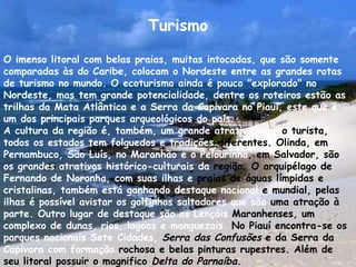 Turismo O imenso litoral com belas praias, muitas intocadas, que são somente comparadas às do Caribe, colocam o Nordeste entre as grandes rotas de turismo no mundo. O ecoturismo ainda é pouco "explorado" no Nordeste, mas tem grande potencialidade, dentre os roteiros estão as trilhas da Mata Atlântica e a Serra da Capivara no Piauí, este que é um dos principais parques arqueológicos do país. A cultura da região é, também, um grande atrativo para  o   turista,  todos os estados tem folguedos e tradições  diferentes.   Olinda, em  Pernambuco, São Luís, no Maranhão e o Pelourinho , em Salvador, são  os grandes atrativos histórico-culturais da  região. O arquipélago de  Fernando de Noronha, com suas ilhas e  praias de águas límpidas e  cristalinas, também está ganhando destaque nacional  e mundial, pelas  ilhas é possível avistar os golfinhos saltadores que são  uma atração à  parte. Outro lugar de destaque são os Lençóis  Maranhenses, um  complexo de dunas, rios, lagoas e manguezais.  No Piauí encontra-se os  parques nacionais Sete Cidades,  Serra das Confusões  e da Serra da  Capivara com formação  rochosa e belas pinturas rupestres. Além de seu litoral possuir o magnifico  Delta do Parnaíba .   