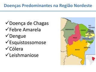 Doenças Predominantes na Região Nordeste
Doença de Chagas
Febre Amarela
Dengue
Esquistossomose
Cólera
Leishmaniose
 