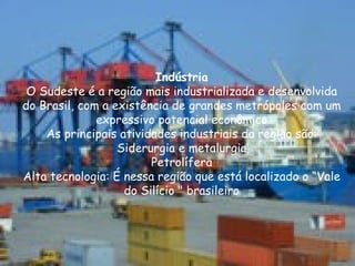 Indústria O Sudeste é a região mais industrializada e desenvolvida do Brasil, com a existência de grandes metrópoles com um expressivo potencial econômico As principais atividades industriais da região são: Siderurgia e metalurgia Petrolífera Alta tecnologia: É nessa região que está localizado o “Vale do Silício " brasileiro 