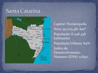  Capital: Florianópolis
 Área: 95.703,487 km²
 População: 6.248.436
  habitantes
 População Urbana: 84%
 Índice de
  Desenvolvimento
  Humano (IDH): 0,840.
 