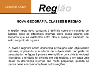 Conceitos-Chave
Região
Reg
NOVA GEOGRAFIA, CLASSES E REGIÃO
A região, neste novo contexto, é definida como um conjunto de
lugares onde as diferenças internas entre esses lugares são
menores que as existentes entre eles e qualquer elemento de
outro conjunto de lugares.
A divisão regional assim concebida pressupõe uma objetividade
máxima, implicando a ausência de subjetividade por parte do
pesquisador. A figura 2 procura exemplificar uma divisão regional
hipotética: o território foi dividido em três regiões, e em cada uma
delas as diferenças internas são muito pequenas, quando se
pensa nelas em comparação às outras regiões.
 