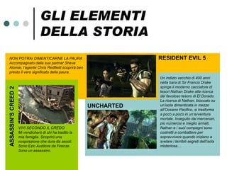 GLI ELEMENTI
                                  DELLA STORIA
  NON POTRAI DIMENTICARNE LA PAURA                                    RESIDENT EVIL 5
  Accompagnato dalla sua partner Sheva
  Alomar, l’agente Chris Redfield scoprirà ben
  presto il vero significato della paura.
                                                                      Un indizio vecchio di 400 anni
                                                                      nella bara di Sir Francis Drake
                                                                      spinge il moderno cacciatore di
ASSASSIN’S CREED 2




                                                                      tesori Nathan Drake alla ricerca
                                                                      del favoloso tesoro di El Dorado.
                                                                      La ricerca di Nathan, bloccato su
                                                          UNCHARTED   un’isola dimenticata in mezzo
                                                                      all’Oceano Pacifico, si trasforma
                                                                      a poco a poco in un’avventura
                                                                      mortale. Inseguito dai mercenari,
                                                                      più numerosi e meglio armati,
                     VIVI SECONDO IL CREDO                            Nathan e i suoi compagni sono
                     Mi vendicherò di chi ha tradito la               costretti a combattere per
                     mia famiglia. Scoprirò una                       sopravvivere quando iniziano a
                     cospirazione che dura da secoli.                 svelare i terribili segreti dell’isola
                     Sono Ezio Auditore da Firenze.                   misteriosa…
                     Sono un assassino.
 