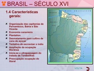 BRASIL – SÉCULO XVI
1.4 Características
  gerais:

  Organização das capitanias de
  Pernambuco, Bahia e São
  Vicente
  Economia canavieira
  Plantation
  Desmatamento para cultivo de
  cana de açúcar
  Tentativa de escravizar o índio
  Ampliação da ocupação
  litorânea
  Inicia-se a ultrapassagem do
  tratado de Tordesilhas
  Preocupação ocupação do
  litoral

                                    VOLTA
 