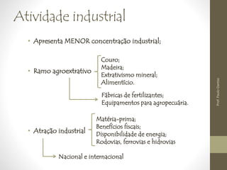 Atividade industrial 
• Apresenta MENOR concentração industrial; 
• Ramo agroextrativo 
• Atração industrial 
• Couro; 
• Madeira; 
• Extrativismo mineral; 
• Alimentício. 
Fábricas de fertilizantes; 
Equipamentos para agropecuária. 
Matéria-prima; 
Benefícios fiscais; 
Disponibilidade de energia; 
Rodovias, ferrovias e hidrovias 
Nacional e internacional 
Prof. Paulo Dantas 
 