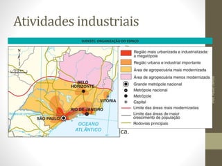 Atividades industriais 
SUDESTE: ORGANIZAÇÃO DO ESPAÇO 
• Disponibilidade monetária; 
• Mão de obra; 
• Mercado consumidor interno; 
• Boa infraestrutura. 
Desenvolvimento 
industrial em SP 
 Desconcentração industrial (interna e externa). 
 De 1985 a 2003, o Sudeste foi a região que menos cresceu. 
Apesar disso, ainda é a mais rica. 
Prof. Paulo Dantas 
 