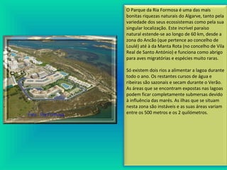 O Parque da Ria Formosa é uma das mais
bonitas riquezas naturais do Algarve, tanto pela
variedade dos seus ecossistemas como pela sua
singular localização. Este incrível paraíso
natural estende-se ao longo de 60 km, desde a
zona do Ancão (que pertence ao concelho de
Loulé) até à da Manta Rota (no concelho de Vila
Real de Santo António) e funciona como abrigo
para aves migratórias e espécies muito raras.
Só existem dois rios a alimentar a lagoa durante
todo o ano. Os restantes cursos de água e
ribeiras são sazonais e secam durante o Verão.
As áreas que se encontram expostas nas lagoas
podem ficar completamente submersas devido
à influência das marés. As ilhas que se situam
nesta zona são instáveis e as suas áreas variam
entre os 500 metros e os 2 quilómetros.
 