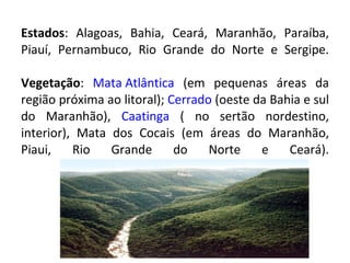Estados : Alagoas, Bahia, Ceará, Maranhão, Paraíba, Piauí, Pernambuco, Rio Grande do Norte e Sergipe. Vegetação :  Mata Atlântica  (em pequenas áreas da região próxima ao litoral);  Cerrado  (oeste da Bahia e sul do Maranhão),  Caatinga  ( no sertão nordestino, interior), Mata dos Cocais (em áreas do Maranhão, Piaui, Rio Grande do Norte e Ceará). 