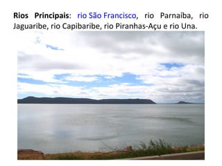Rios Principais :  rio São Francisco , rio Parnaíba, rio Jaguaribe, rio Capibaribe, rio Piranhas-Açu e rio Una. 