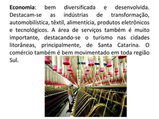 Economia : bem diversificada e desenvolvida. Destacam-se as indústrias de transformação, automobilística, têxtil, alimentícia, produtos eletrônicos e tecnológicos. A área de serviços também é muito importante, destacando-se o turismo nas cidades litorâneas, principalmente, de Santa Catarina. O comércio também é bem movimentado em toda região Sul.  