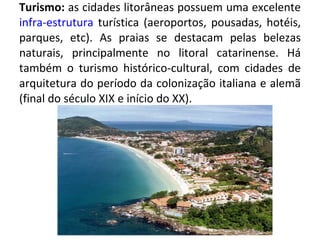 Turismo:  as cidades litorâneas possuem uma excelente  infra-estrutura  turística (aeroportos, pousadas, hotéis, parques, etc). As praias se destacam pelas belezas naturais, principalmente no litoral catarinense. Há também o turismo histórico-cultural, com cidades de arquitetura do período da colonização italiana e alemã (final do século XIX e início do XX). 