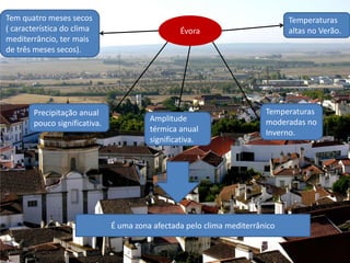Tem quatro meses secos                                                        Temperaturas
( característica do clima                        Évora                        altas no Verão.
mediterrâncio, ter mais
de três meses secos).




        Precipitação anual                                              Temperaturas
                                         Amplitude                      moderadas no
        pouco significativa.
                                         térmica anual                  Inverno.
                                         significativa.




                               É uma zona afectada pelo clima mediterrânico
 