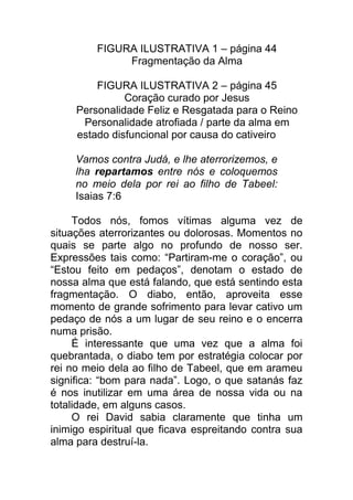 FIGURA ILUSTRATIVA 1 – página 44
Fragmentação da Alma
FIGURA ILUSTRATIVA 2 – página 45
Coração curado por Jesus
Personalidade Feliz e Resgatada para o Reino
Personalidade atrofiada / parte da alma em
estado disfuncional por causa do cativeiro
Vamos contra Judá, e lhe aterrorizemos, e
lha repartamos entre nós e coloquemos
no meio dela por rei ao filho de Tabeel:
Isaias 7:6
Todos nós, fomos vítimas alguma vez de
situações aterrorizantes ou dolorosas. Momentos no
quais se parte algo no profundo de nosso ser.
Expressões tais como: “Partiram-me o coração”, ou
“Estou feito em pedaços”, denotam o estado de
nossa alma que está falando, que está sentindo esta
fragmentação. O diabo, então, aproveita esse
momento de grande sofrimento para levar cativo um
pedaço de nós a um lugar de seu reino e o encerra
numa prisão.
É interessante que uma vez que a alma foi
quebrantada, o diabo tem por estratégia colocar por
rei no meio dela ao filho de Tabeel, que em arameu
significa: “bom para nada”. Logo, o que satanás faz
é nos inutilizar em uma área de nossa vida ou na
totalidade, em alguns casos.
O rei David sabia claramente que tinha um
inimigo espiritual que ficava espreitando contra sua
alma para destruí-la.
 