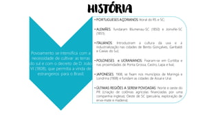 HISTÓRIA
Povoamento se intensifica com a
necessidade de cultivar as terras
do sul e com o decreto de D. João
VI (1808), que permitia a vinda de
estrangeiros para o Brasil;
• PORTUGUESES AÇORIANOS:litoral do RS e SC;
• ALEMÃES: fundaram Blumenau-SC (1850) e Joinville-SC
(1851);
• ITALIANOS: Introduziram a cultura da uva e a
industrialização nas cidades de Bento Gonçalves, Garibaldi
e Caxias do Sul;
• POLONESES e UCRANIANOS: Fixaram-se em Curitiba e
nas proximidades de Ponta Grossa, Castro, Lapa e Ivaí;
• JAPONESES: 1908, se fixam nos municípios de Maringá e
Londrina (1908) e fundam as cidades de Assaí e Uraí.
• ÚLTIMAS REGIÕES A SEREM POVOADAS: Norte e oeste do
PR (criação de colônias agrícolas financiadas por uma
companhia inglesa); Oeste de SC (pecuária, exploração de
erva-mate e madeira).
 