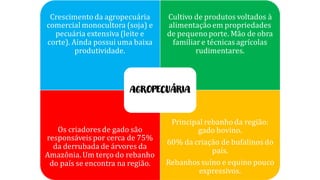 Crescimento da agropecuária
comercial monocultora (soja) e
pecuária extensiva (leite e
corte). Ainda possui uma baixa
produtividade.
Cultivo de produtos voltados à
alimentação em propriedades
de pequeno porte. Mão de obra
familiare técnicas agrícolas
rudimentares.
Os criadores de gado são
responsáveis por cerca de 75%
da derrubada de árvores da
Amazônia. Um terço do rebanho
do país se encontra na região.
Principal rebanho da região:
gado bovino.
60% da criação de bufalinos do
país.
Rebanhos suíno e equino pouco
expressivos.
AGROPECUÁRIA
 