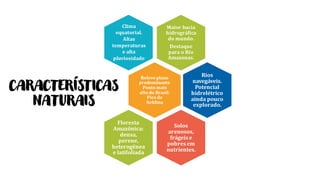 Maior bacia
hidrográfica
do mundo.
Destaque
para o Rio
Amazonas.
Relevo plano
predominante
Ponto mais
alto do Brasil:
Pico da
Neblina
Rios
navegáveis.
Potencial
hidrelétrico
ainda pouco
explorado.
Solos
arenosos,
frágeise
pobres em
nutrientes.
Floresta
Amazônica:
densa,
perene,
heterogênea
e latifoliada
Clima
equatorial.
Altas
temperaturas
e alta
pluviosidade
CARACTERÍSTICAS
NATURAIS
 