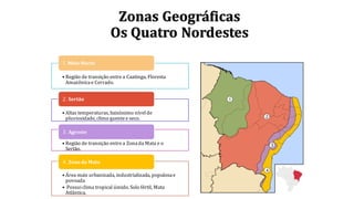 Zonas Geográficas
Os Quatro Nordestes
• Região de transição entrea Caatinga, Floresta
Amazônicae Cerrado.
1. Meio-Norte
• Altas temperaturas, baixíssimo nívelde
pluviosidade, climaquentee seco.
2. Sertão
• Região de transição entrea Zonada Mata e o
Sertão.
3. Agreste
• Área mais urbanizada, industrializada, populosae
povoada
• Possuiclima tropical úmido. Solo fértil, Mata
Atlântica.
4. Zonada Mata
 