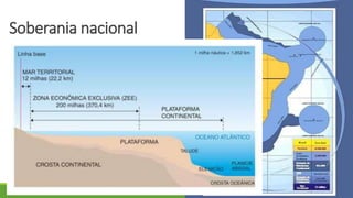 Soberania nacional
Um estado não tem soberania nacional limitada apenas
em suas terras emersas, pois essa soberania estende-se
ao seu subsolo, à faixa oceânica contígua e ao seu
espaço atmosférico (até 90 km de altitude).
Em relação ao direito do mar, o chamado mar
“territorial” dos países fixado pela ONU em 12 milhas
náuticas (aproximadamente 22 km a partir da linha de
base).
A ZEE, de 200 milhas náuticas (320km) e mais larga que o
mar territorial e se pode explorar e aproveitar os
recursos biológicos marinhos e minerais de seu sub solo.
 