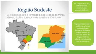 * É a região mais rica,
industrializada,
desenvolvida e
povoada do Brasil.
*Apresenta os maiores
problemas urbanos
sociais do Brasil.
Formação de favelas,
tráfego intenso de
veículos, tráfico de
drogas, violência
urbana, moradores de
ruas, entre outros.
 