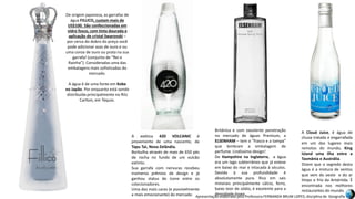 Apresentação elaborada pela Professora FERNANDA BRUM LOPES, disciplina de Geografia
A exótica 420 VOLCANIC é
proveniente de uma nascente, de
Tapu Tai, Nova Zelândia.
Borbulha através de mais de 650 pés
de rocha no fundo de um vulcão
extinto.
Sua garrafa com nervuras recebeu
inúmeros prêmios de design e já
ganhou status de ícone entre os
colecionadores.
Uma das mais caras (e possivelmente
a mais emocionante) do mercado
A Cloud Juice, é água de
chuva tratada e engarrafada
em um dos lugares mais
remotos do mundo, King
Island uma ilha entre a
Tasmânia e Austrália.
Dizem que o segredo desta
água é a mistura de ventos
que vem do oeste e do ar
limpo e frio da Antártida. É
encontrada nos melhores
restaurantes do mundo.
Britânica e com excelente penetração
no mercado de águas Premium, a
ELSENHAM – tem o “frasco e a tampa”
que lembram a embalagem de
perfume. Lindíssimo design!
De Hampshire na Inglaterra, a água
era um lago subterrâneo que já esteve
em baixo do mar e intocada à séculos.
Devido à sua profundidade é
absolutamente pura. Rica em sais
minerais principalmente cálcio, ferro,
baixo teor de sódio, é excelente para a
densidade óssea.
De origem japonesa, as garrafas de
água FILLICO, custam mais de
US$100. São confeccionadas em
vidro fosco, com tinta dourada e
aplicação de cristal Swarovski –
por cerca do dobro do preço você
pode adicionar asas de ouro e ou
uma coroa de ouro ou prata na sua
garrafa! (conjunto de “Rei e
Rainha”). Consideradas uma das
embalagens mais sofisticadas do
mercado.
A água é de uma fonte em Kobe
no Japão. Por enquanto está sendo
distribuída principalmente no Ritz
Carlton, em Tóquio.
 