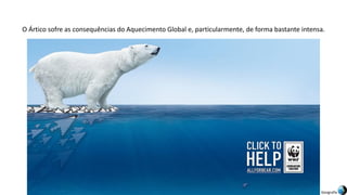 Apresentação elaborada pela Professora FERNANDA BRUM LOPES, disciplina de Geografia
O Ártico sofre as consequências do Aquecimento Global e, particularmente, de forma bastante intensa.
 