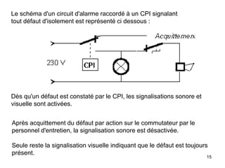 15
Le schéma d'un circuit d'alarme raccordé à un CPI signalant
tout défaut d'isolement est représenté ci dessous :
Dès qu'un défaut est constaté par le CPI, les signalisations sonore et
visuelle sont activées.
Après acquittement du défaut par action sur le commutateur par le
personnel d'entretien, la signalisation sonore est désactivée.
Seule reste la signalisation visuelle indiquant que le défaut est toujours
présent.
 