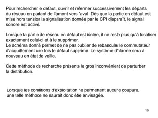 16
Pour rechercher le défaut, ouvrir et refermer successivement les départs
du réseau en partant de l'amont vers l'aval. Dès que la partie en défaut est
mise hors tension la signalisation donnée par le CPI disparaît, le signal
sonore est activé.
Lorsque la partie de réseau en défaut est isolée, il ne reste plus qu'à localiser
exactement celui-ci et à le supprimer.
Le schéma donné permet de ne pas oublier de rebasculer le commutateur
d'acquittement une fois le défaut supprimé. Le système d'alarme sera à
nouveau en état de veille.
Cette méthode de recherche présente le gros inconvénient de perturber
la distribution.
Lorsque les conditions d'exploitation ne permettent aucune coupure,
une telle méthode ne saurait donc être envisagée.
 