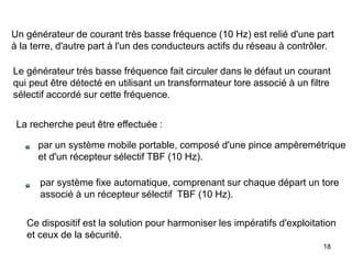 18
Un générateur de courant très basse fréquence (10 Hz) est relié d'une part
à la terre, d'autre part à l'un des conducteurs actifs du réseau à contrôler.
Le générateur très basse fréquence fait circuler dans le défaut un courant
qui peut être détecté en utilisant un transformateur tore associé à un filtre
sélectif accordé sur cette fréquence.
La recherche peut être effectuée :
par un système mobile portable, composé d'une pince ampèremétrique
et d'un récepteur sélectif TBF (10 Hz).
par système fixe automatique, comprenant sur chaque départ un tore
associé à un récepteur sélectif TBF (10 Hz).
Ce dispositif est la solution pour harmoniser les impératifs d'exploitation
et ceux de la sécurité.
 
